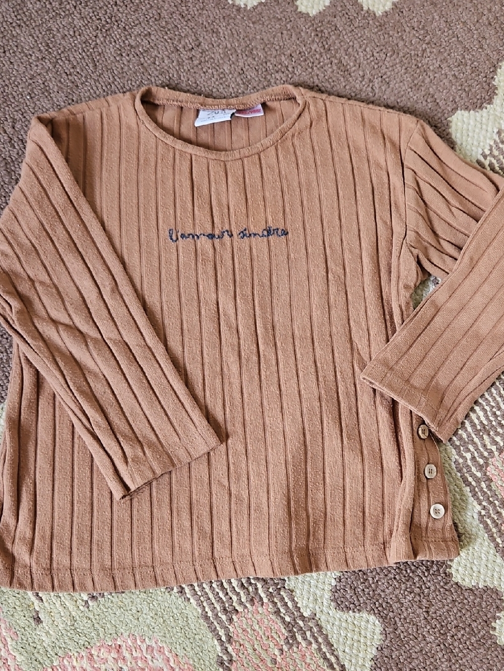 Zara Brown Ribbed Long-Sleeve Top with Side Buttons